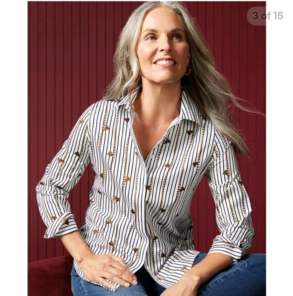 Chico's Striped Blouse with Chain Print Size 2 Medium
